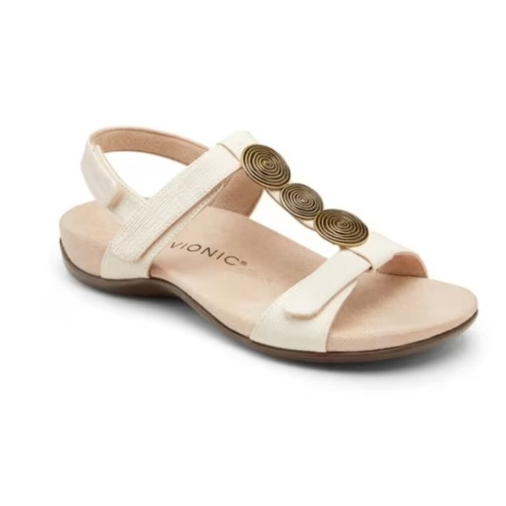 Vionic Orthaheel Rest Farra II Cream Antique Gold Brass Metal Comfort Sandals 10